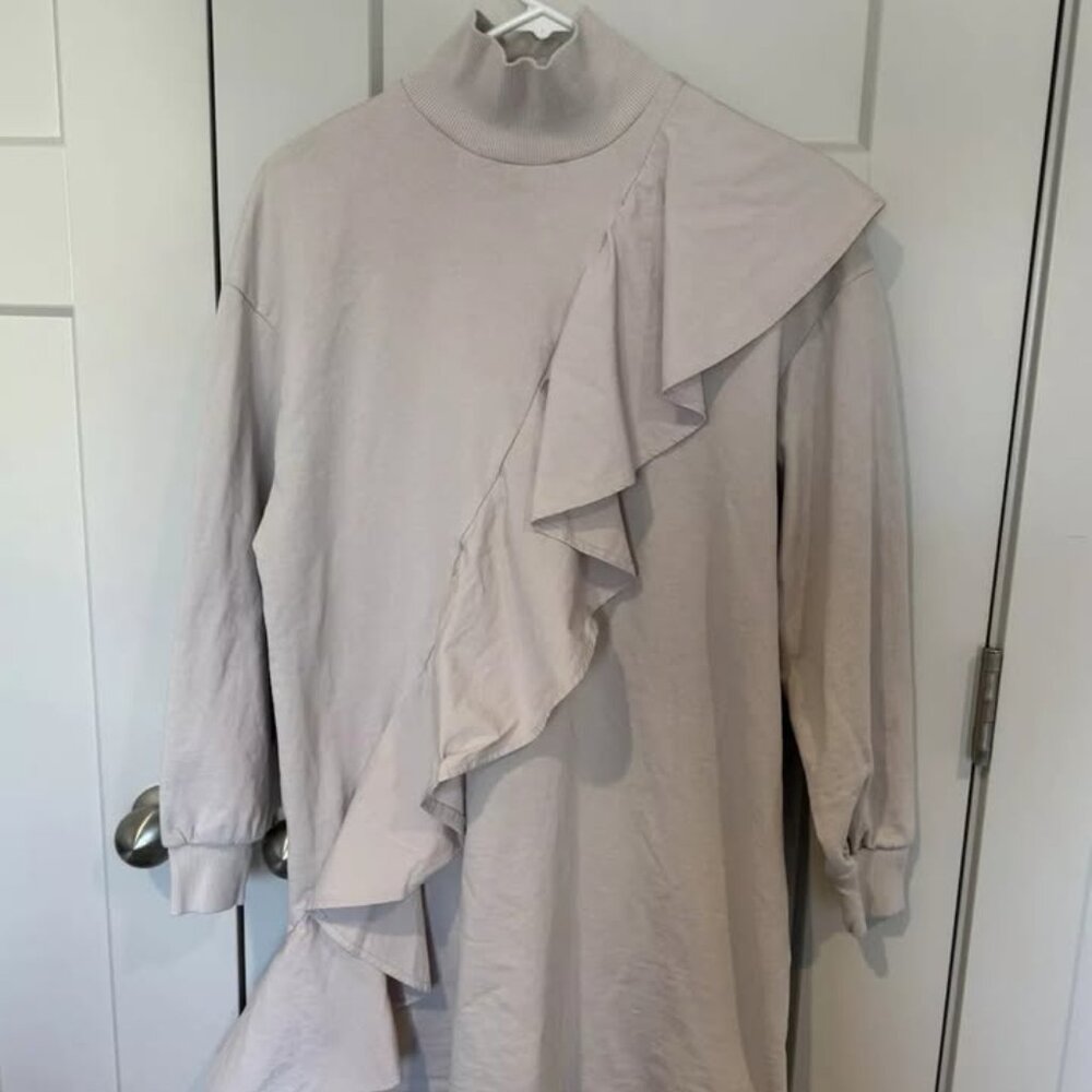 EUC Zara Women’s Ruffle Dress Mini Size M-L Cream Off White T Shirt Preowned